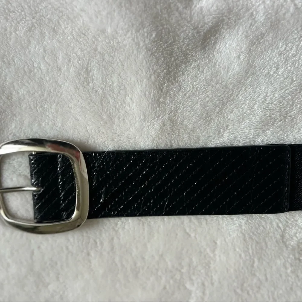 Black Wide Stretch Belt with Silver Statement Buckle Textured Faux Leather